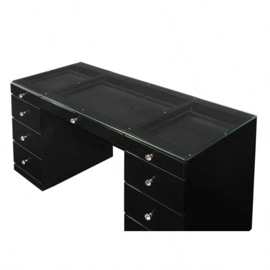 1pc Glam Makeup Vanity Table Glass Top 9 Drawers Knobs Black Wooden Bedroom Furniture