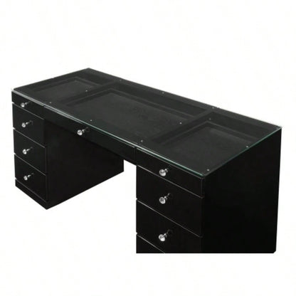 1pc Glam Makeup Vanity Table Glass Top 9 Drawers Knobs Black Wooden Bedroom Furniture