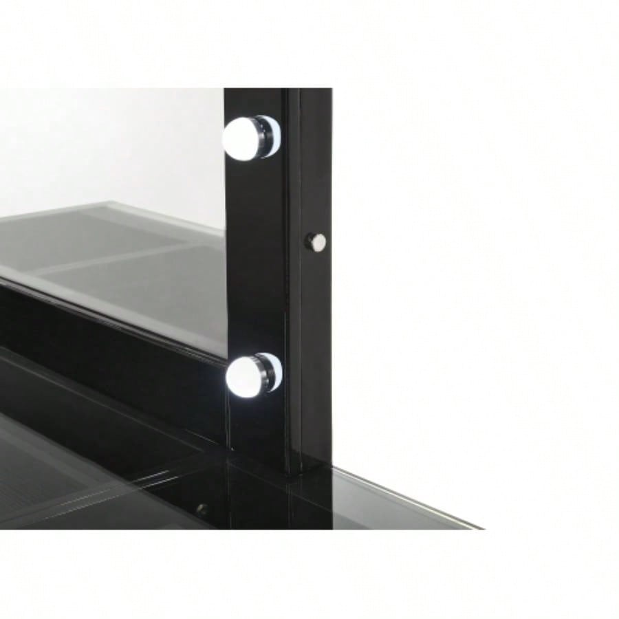 3pc Makeup Vanity Set LED Lighted Mirror Glass Top 9 Drawers Knobs Round Stool Wooden Bedroom Furniture Black