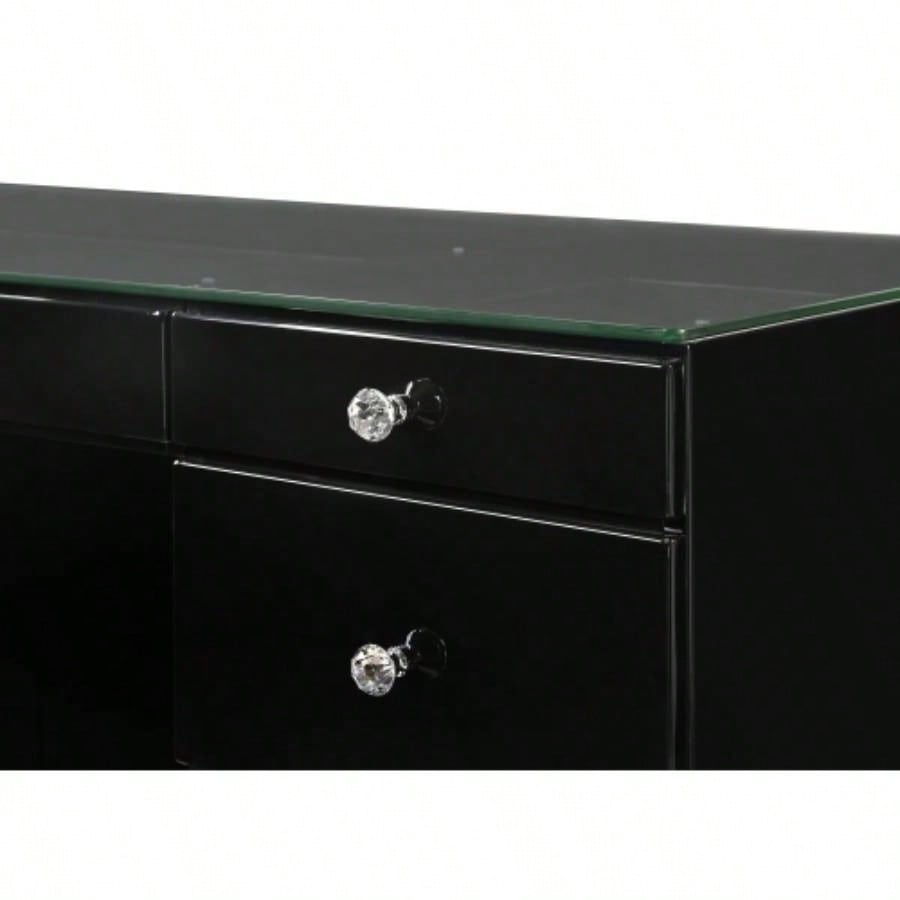 1pc Glam Makeup Vanity Table Glass Top 9 Drawers Knobs Black Wooden Bedroom Furniture