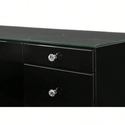 1pc Glam Makeup Vanity Table Glass Top 9 Drawers Knobs Black Wooden Bedroom Furniture