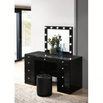 3pc Makeup Vanity Set LED Lighted Mirror Glass Top 9 Drawers Knobs Round Stool Wooden Bedroom Furniture Black