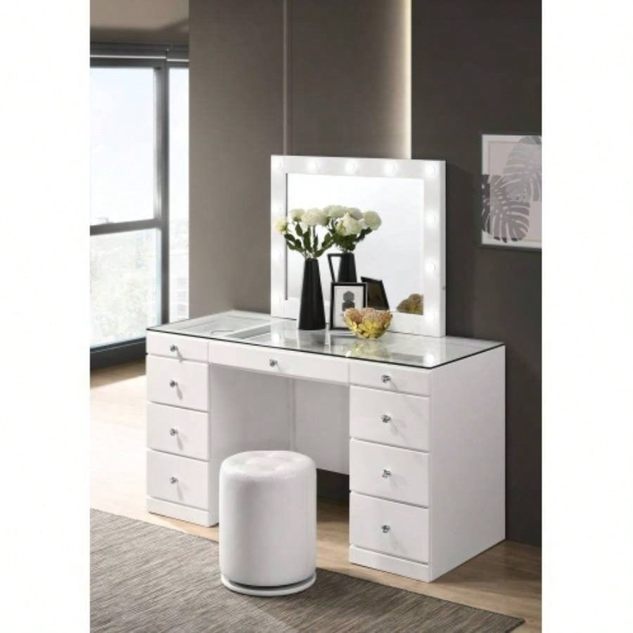 3pc Makeup Vanity Set LED Lighted Mirror Glass Top 9 Drawers Knobs Round Stool Wooden Bedroom Furniture Black