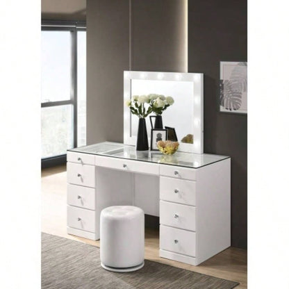 3pc Makeup Vanity Set LED Lighted Mirror Glass Top 9 Drawers Knobs Round Stool Wooden Bedroom Furniture Black
