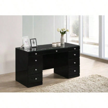 1pc Glam Makeup Vanity Table Glass Top 9 Drawers Knobs White Wooden Bedroom Furniture