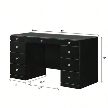 1pc Glam Makeup Vanity Table Glass Top 9 Drawers Knobs Black Wooden Bedroom Furniture