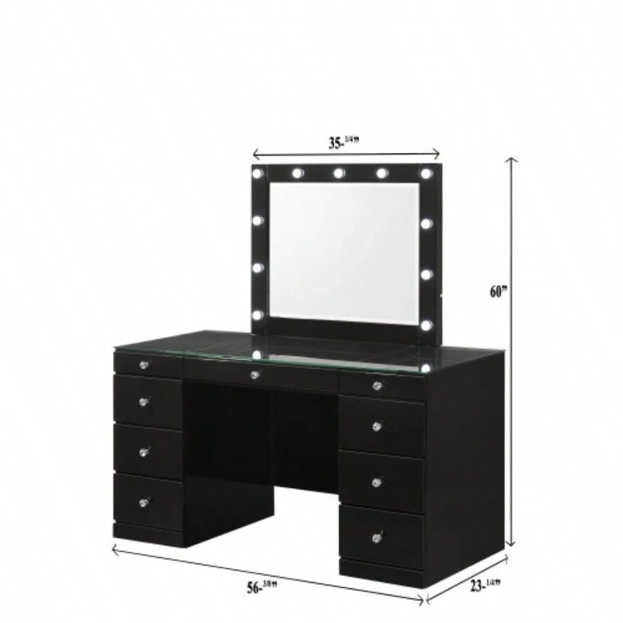 1pc Glam Makeup Vanity Table Glass Top 9 Drawers Knobs Black Wooden Bedroom Furniture
