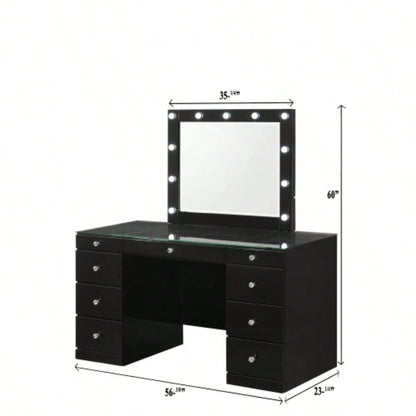 1pc Glam Makeup Vanity Table Glass Top 9 Drawers Knobs Black Wooden Bedroom Furniture
