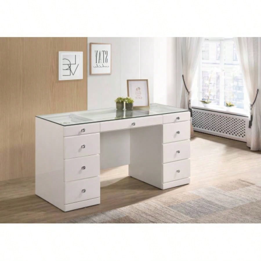 1pc Glam Makeup Vanity Table Glass Top 9 Drawers Knobs White Wooden Bedroom Furniture