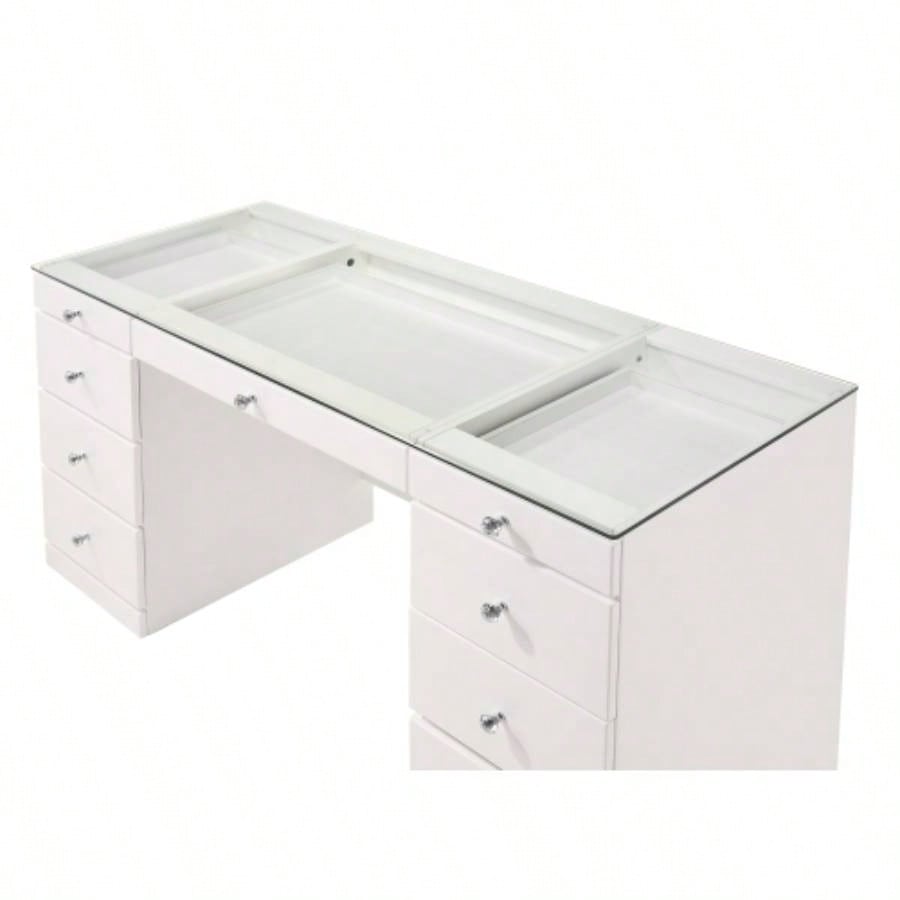 1pc Glam Makeup Vanity Table Glass Top 9 Drawers Knobs White Wooden Bedroom Furniture