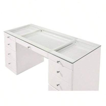 1pc Glam Makeup Vanity Table Glass Top 9 Drawers Knobs White Wooden Bedroom Furniture
