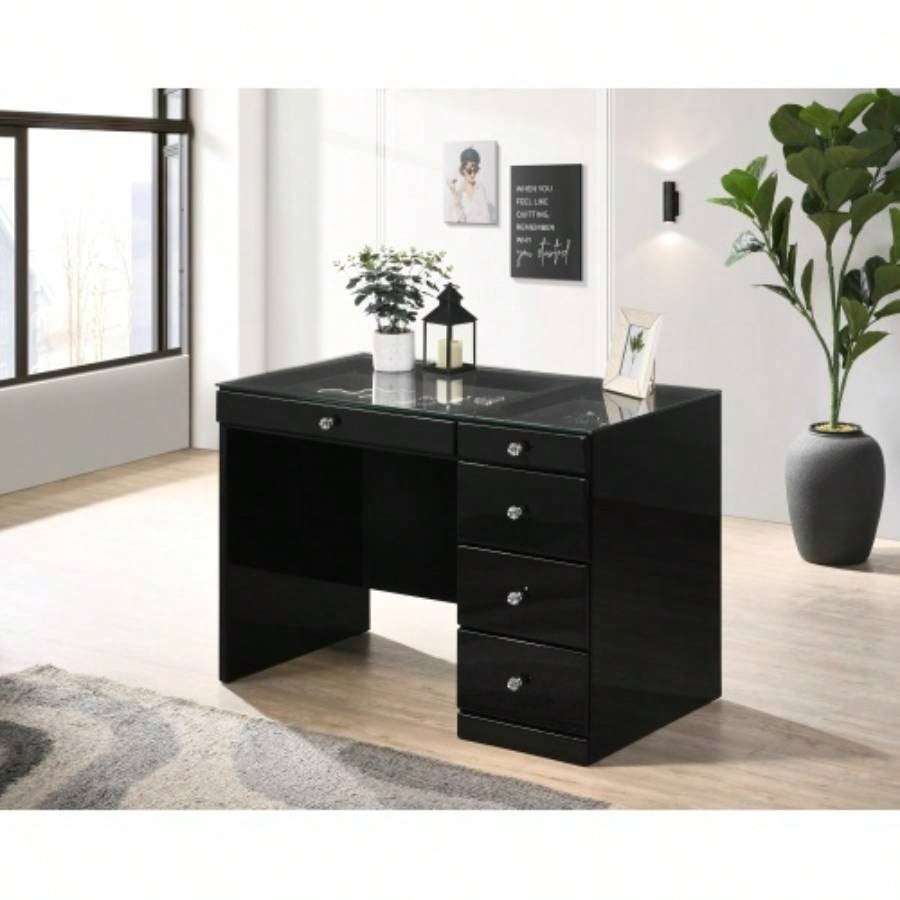 1pc Glam Makeup Vanity Table Glass Top 9 Drawers Knobs White Wooden Bedroom Furniture