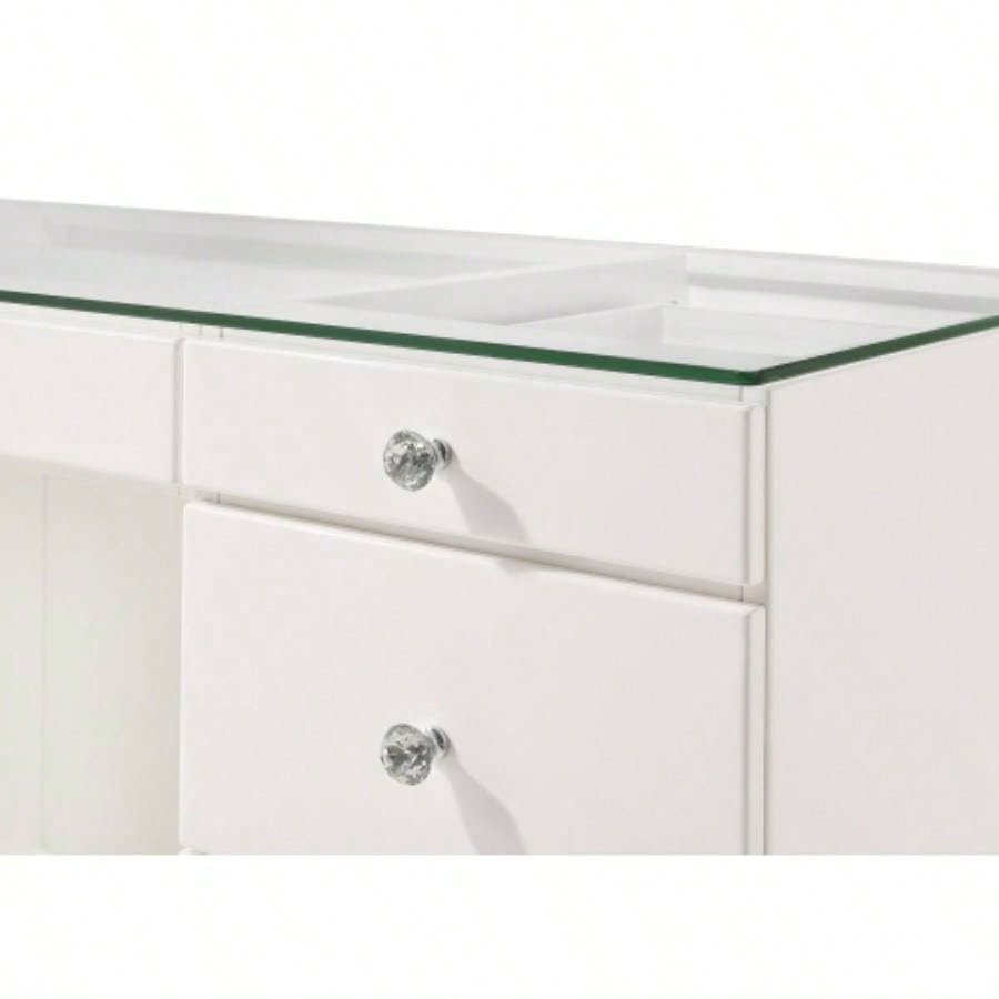 1pc Glam Makeup Vanity Table Glass Top 9 Drawers Knobs White Wooden Bedroom Furniture