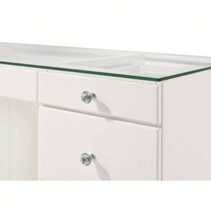 1pc Glam Makeup Vanity Table Glass Top 9 Drawers Knobs White Wooden Bedroom Furniture