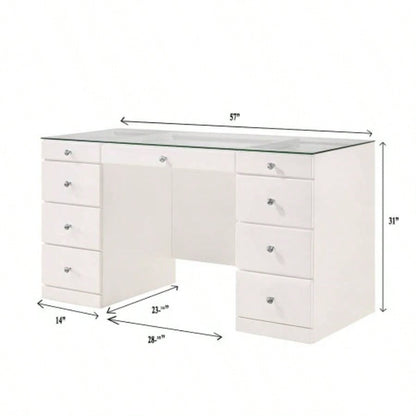 1pc Glam Makeup Vanity Table Glass Top 9 Drawers Knobs White Wooden Bedroom Furniture