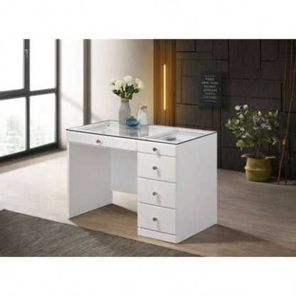 1pc Glam Makeup Vanity Table Glass Top 9 Drawers Knobs White Wooden Bedroom Furniture