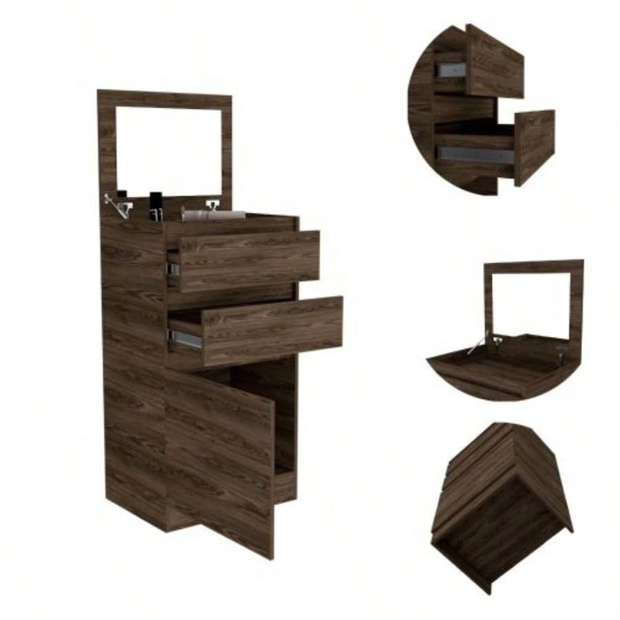 Kamelot Dresser With Jewelry Box, Single Door Cabinet, Mirror, Two Drawers - Dark Walnut