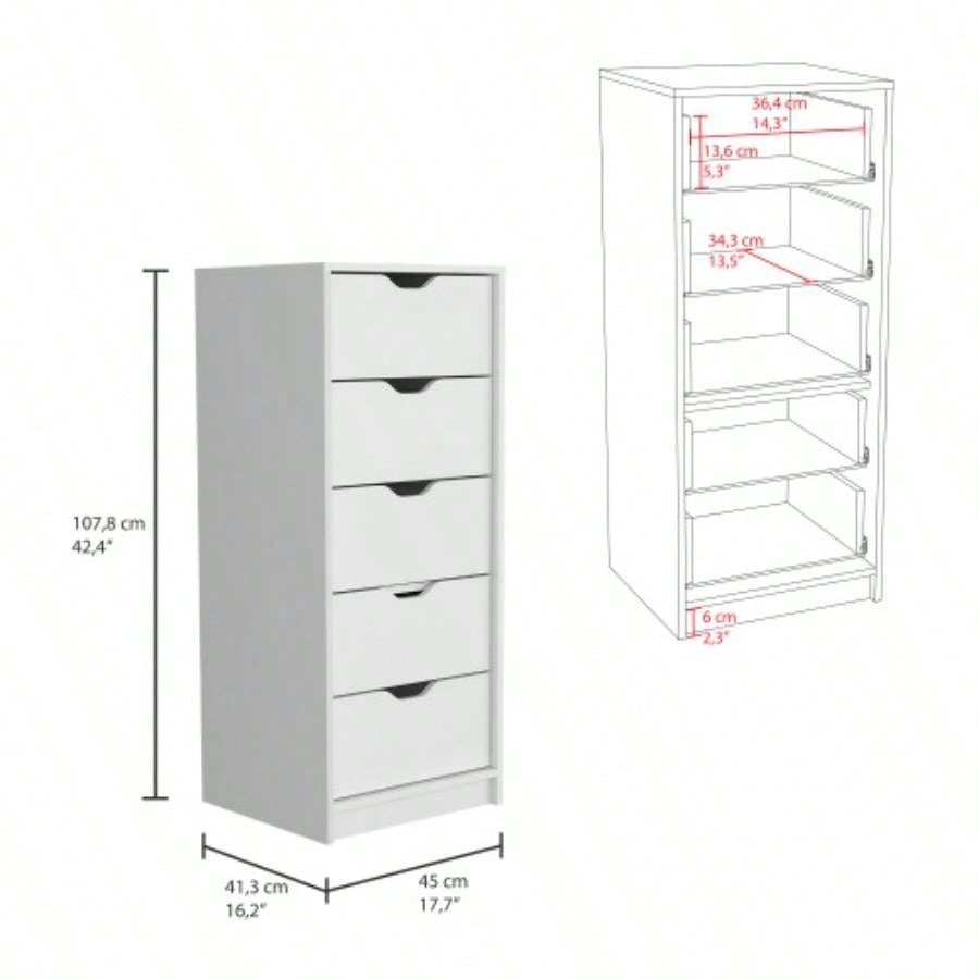 Basilea 5 Drawers Tall Dresser, Pull Out System - White