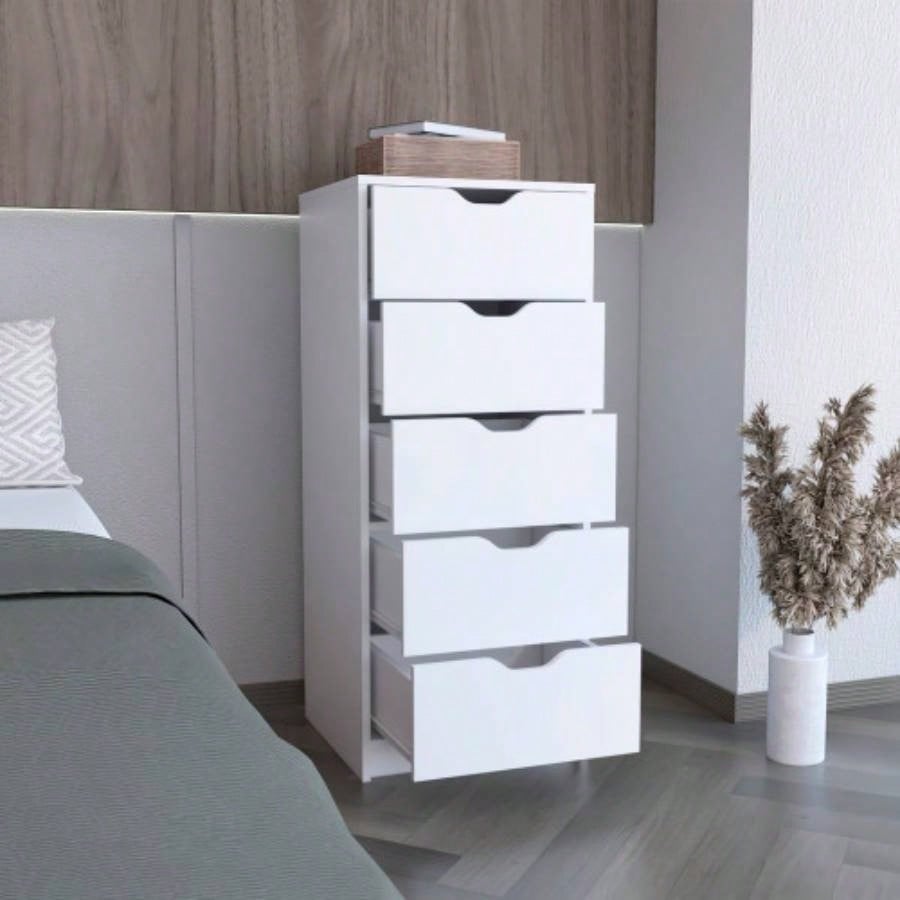 Basilea 5 Drawers Tall Dresser, Pull Out System - White