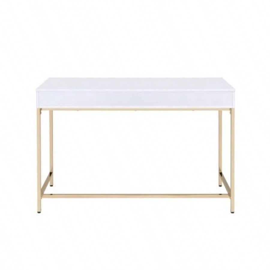 White High Gloss and Gold 2 - drawer Writing Desk