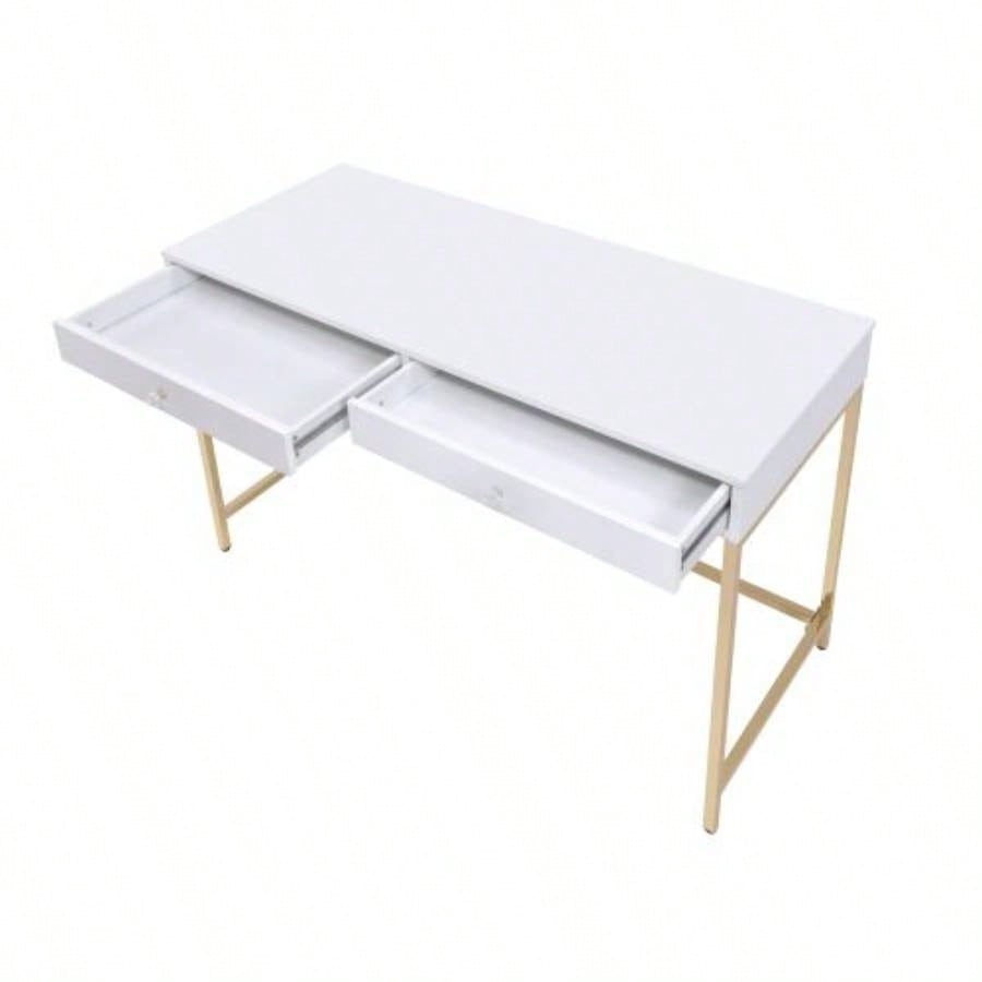 White High Gloss and Gold 2 - drawer Writing Desk