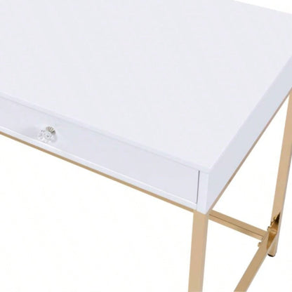 White High Gloss and Gold 2 - drawer Writing Desk