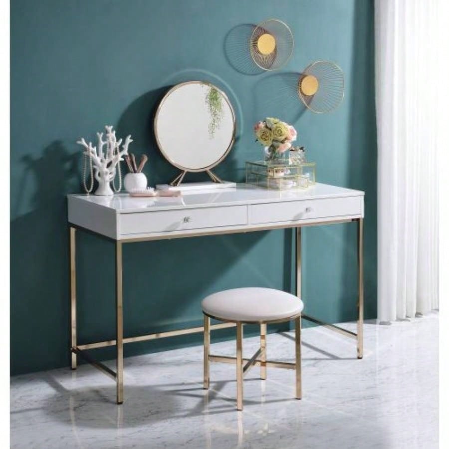 White High Gloss and Gold 2 - drawer Writing Desk