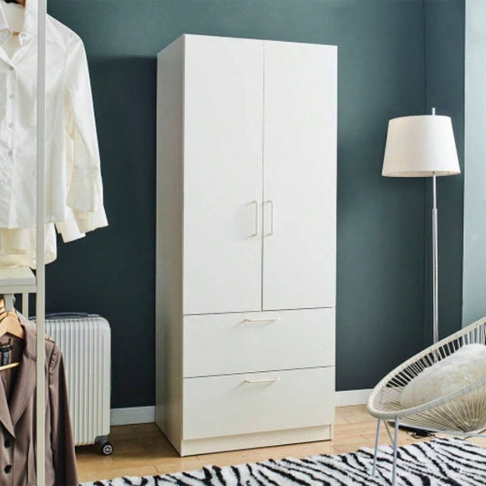 Emma Two - Door Wood Closet with Two Drawers and Hanging Bars in White