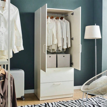 Emma Two - Door Wood Closet with Two Drawers and Hanging Bars in White