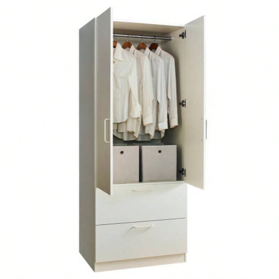 Emma Two - Door Wood Closet with Two Drawers and Hanging Bars in White
