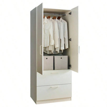Emma Two - Door Wood Closet with Two Drawers and Hanging Bars in White