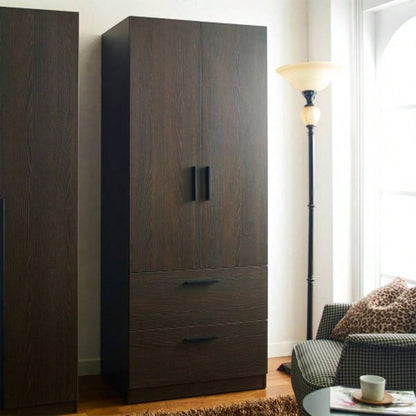 Brook Two - Door Wood Closet with Two Drawers and Hanging Bars in Dark Brown