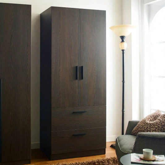 Brook Two - Door Wood Closet with Two Drawers and Hanging Bars in Dark Brown