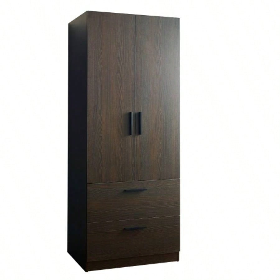 Brook Two - Door Wood Closet with Two Drawers and Hanging Bars in Dark Brown