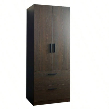 Brook Two - Door Wood Closet with Two Drawers and Hanging Bars in Dark Brown