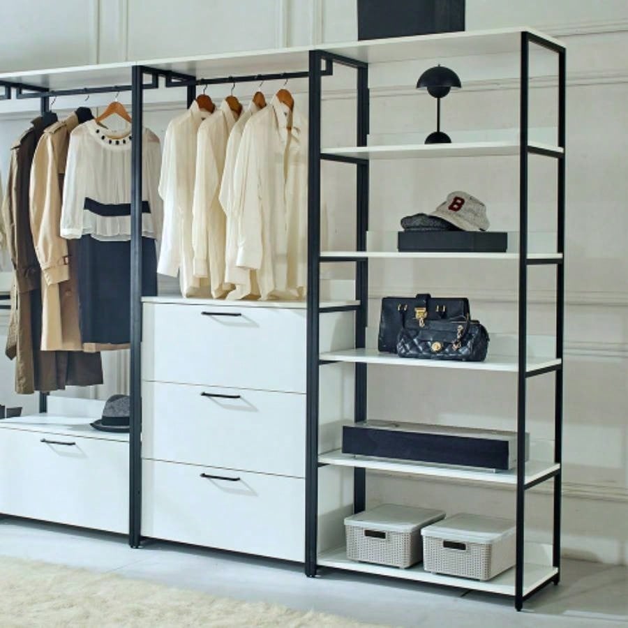 Fiona White Freestanding Walk in Wood Closet System with Metal Frame