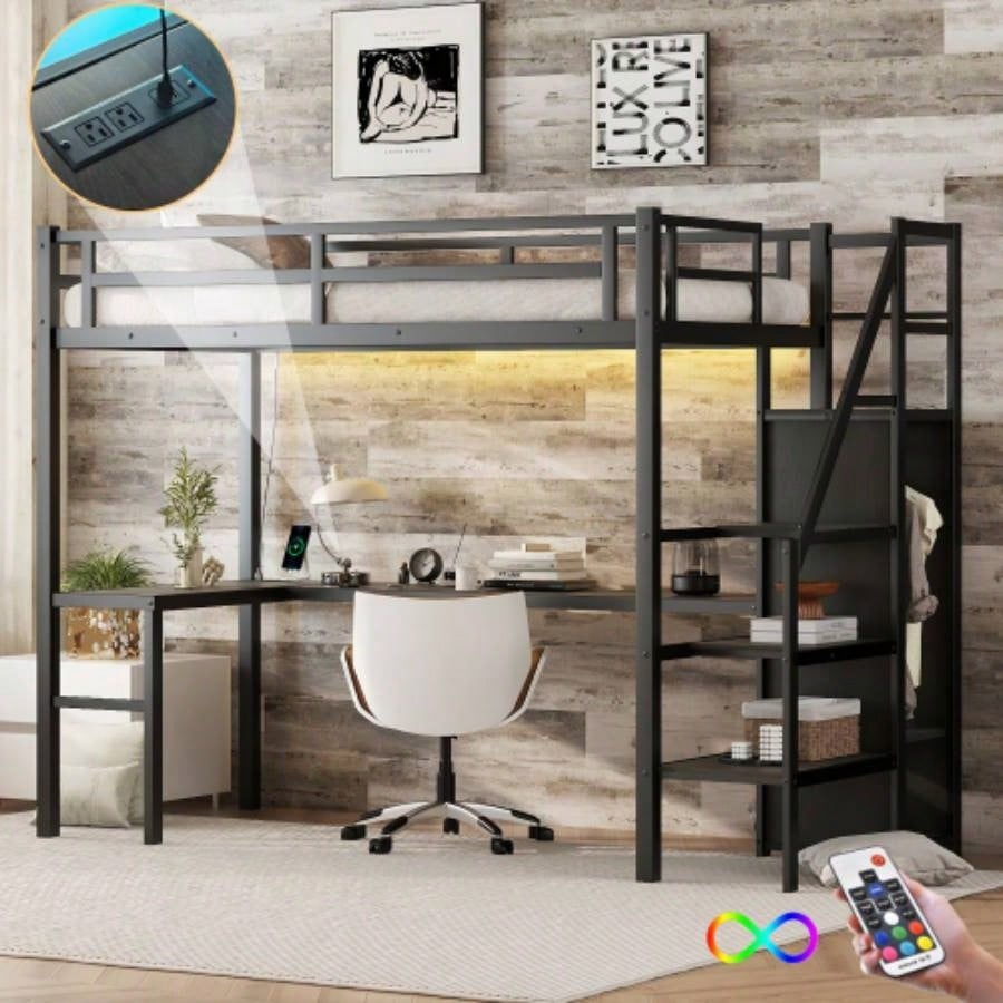 Twin XL Size Loft Bed with L - shaped Desk and USB, Metal Loft Bed with Wardrobe and Adjustable Shelf, High Loft Bed with LED Kids Teens Adults, Black