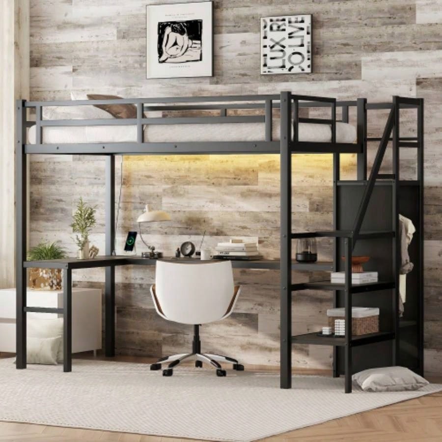 Twin XL Size Loft Bed with L - shaped Desk and USB, Metal Loft Bed with Wardrobe and Adjustable Shelf, High Loft Bed with LED Kids Teens Adults, Black