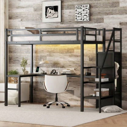 Twin XL Size Loft Bed with L - shaped Desk and USB, Metal Loft Bed with Wardrobe and Adjustable Shelf, High Loft Bed with LED Kids Teens Adults, Black
