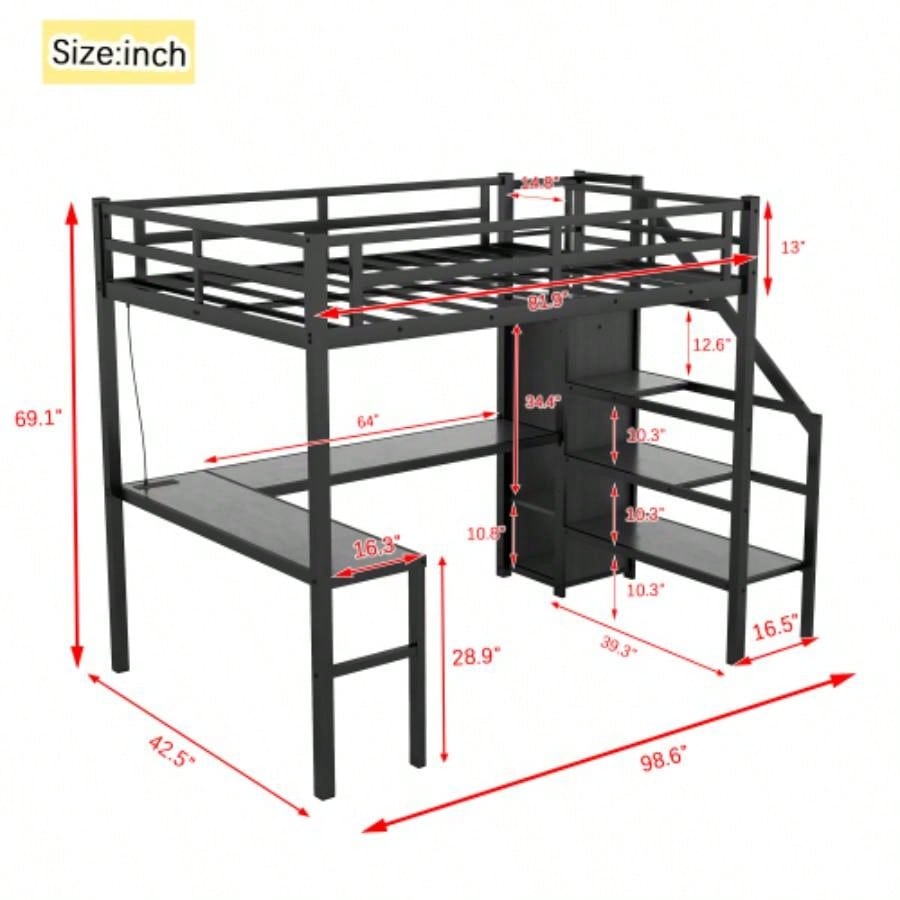 Twin XL Size Loft Bed with L - shaped Desk and USB, Metal Loft Bed with Wardrobe and Adjustable Shelf, High Loft Bed with LED Kids Teens Adults, Black