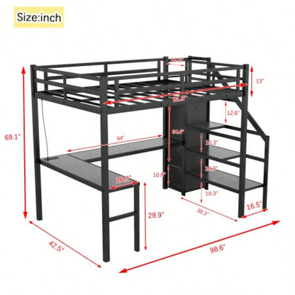 Twin XL Size Loft Bed with L - shaped Desk and USB, Metal Loft Bed with Wardrobe and Adjustable Shelf, High Loft Bed with LED Kids Teens Adults, Black