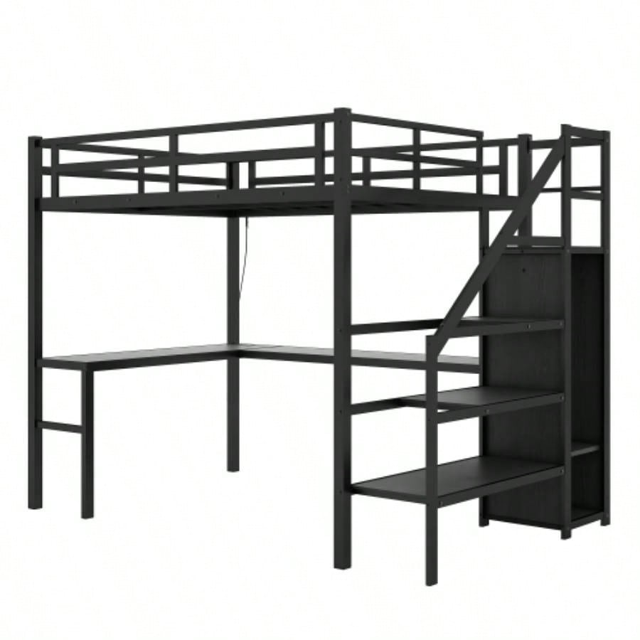 Twin XL Size Loft Bed with L - shaped Desk and USB, Metal Loft Bed with Wardrobe and Adjustable Shelf, High Loft Bed with LED Kids Teens Adults, Black