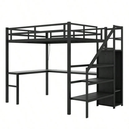 Twin XL Size Loft Bed with L - shaped Desk and USB, Metal Loft Bed with Wardrobe and Adjustable Shelf, High Loft Bed with LED Kids Teens Adults, Black