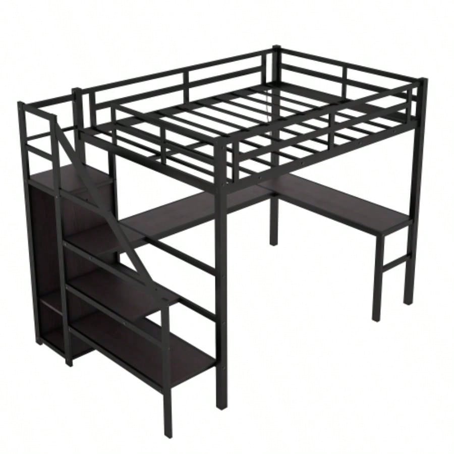 Twin XL Size Loft Bed with L - shaped Desk and USB, Metal Loft Bed with Wardrobe and Adjustable Shelf, High Loft Bed with LED Kids Teens Adults, Black