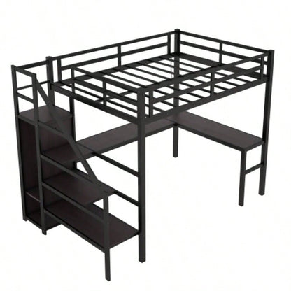 Twin XL Size Loft Bed with L - shaped Desk and USB, Metal Loft Bed with Wardrobe and Adjustable Shelf, High Loft Bed with LED Kids Teens Adults, Black