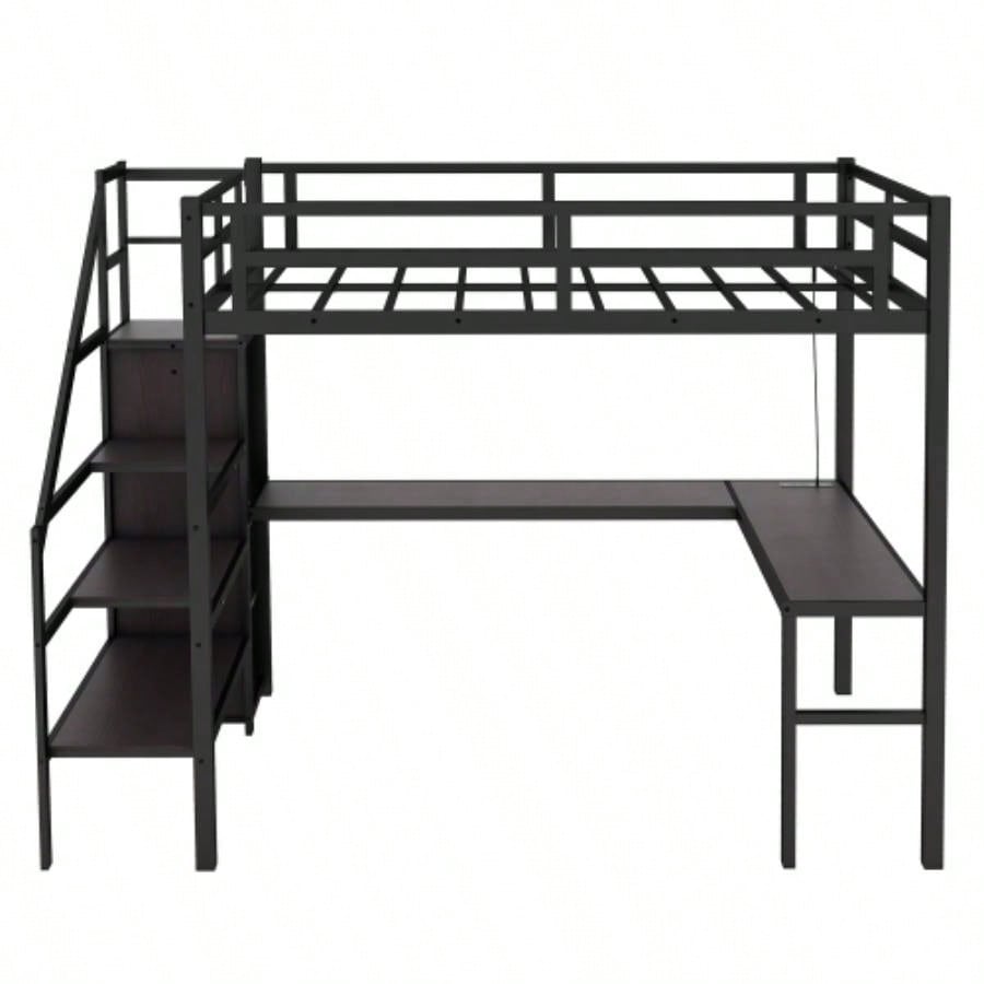 Twin XL Size Loft Bed with L - shaped Desk and USB, Metal Loft Bed with Wardrobe and Adjustable Shelf, High Loft Bed with LED Kids Teens Adults, Black