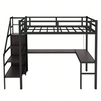 Twin XL Size Loft Bed with L - shaped Desk and USB, Metal Loft Bed with Wardrobe and Adjustable Shelf, High Loft Bed with LED Kids Teens Adults, Black