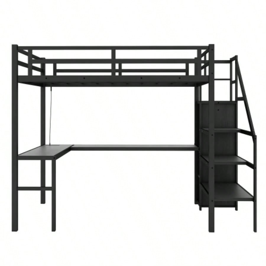 Twin XL Size Loft Bed with L - shaped Desk and USB, Metal Loft Bed with Wardrobe and Adjustable Shelf, High Loft Bed with LED Kids Teens Adults, Black