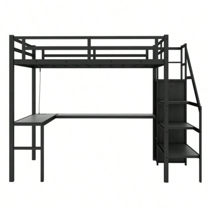 Twin XL Size Loft Bed with L - shaped Desk and USB, Metal Loft Bed with Wardrobe and Adjustable Shelf, High Loft Bed with LED Kids Teens Adults, Black