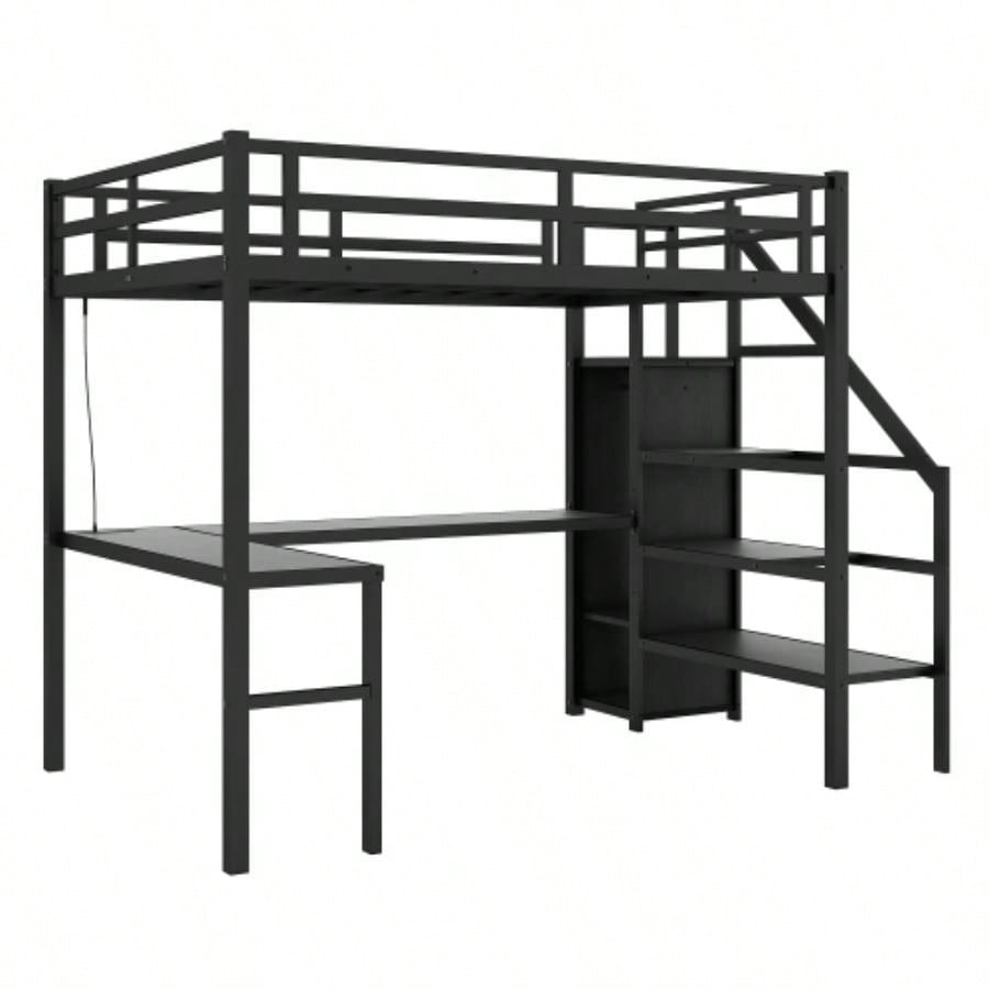 Twin XL Size Loft Bed with L - shaped Desk and USB, Metal Loft Bed with Wardrobe and Adjustable Shelf, High Loft Bed with LED Kids Teens Adults, Black